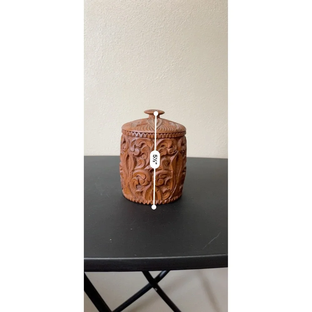 Vintage Thai Hand Carved Wood Coaster Set with Storage Canister 8 Piece Brown